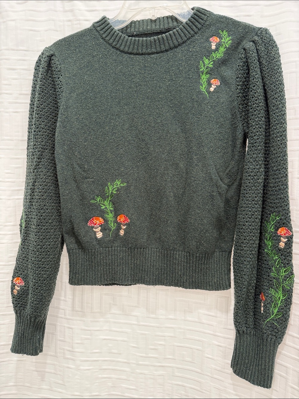 Disturbia Dark Green Crewneck Sweater with Embroidered Red Mushrooms